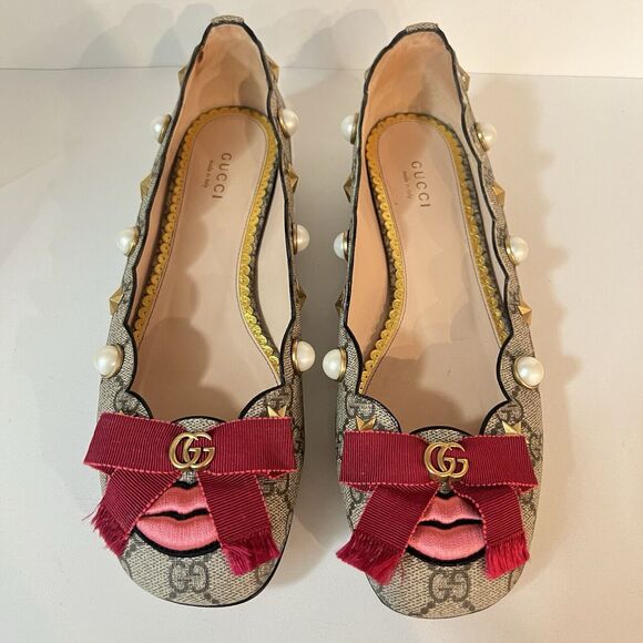 Gucci GG Monogram Lexi Supreme Pearl Lips Stars Bow Brown Ballet Flats SZ EU 39 - Picture 5 of 16